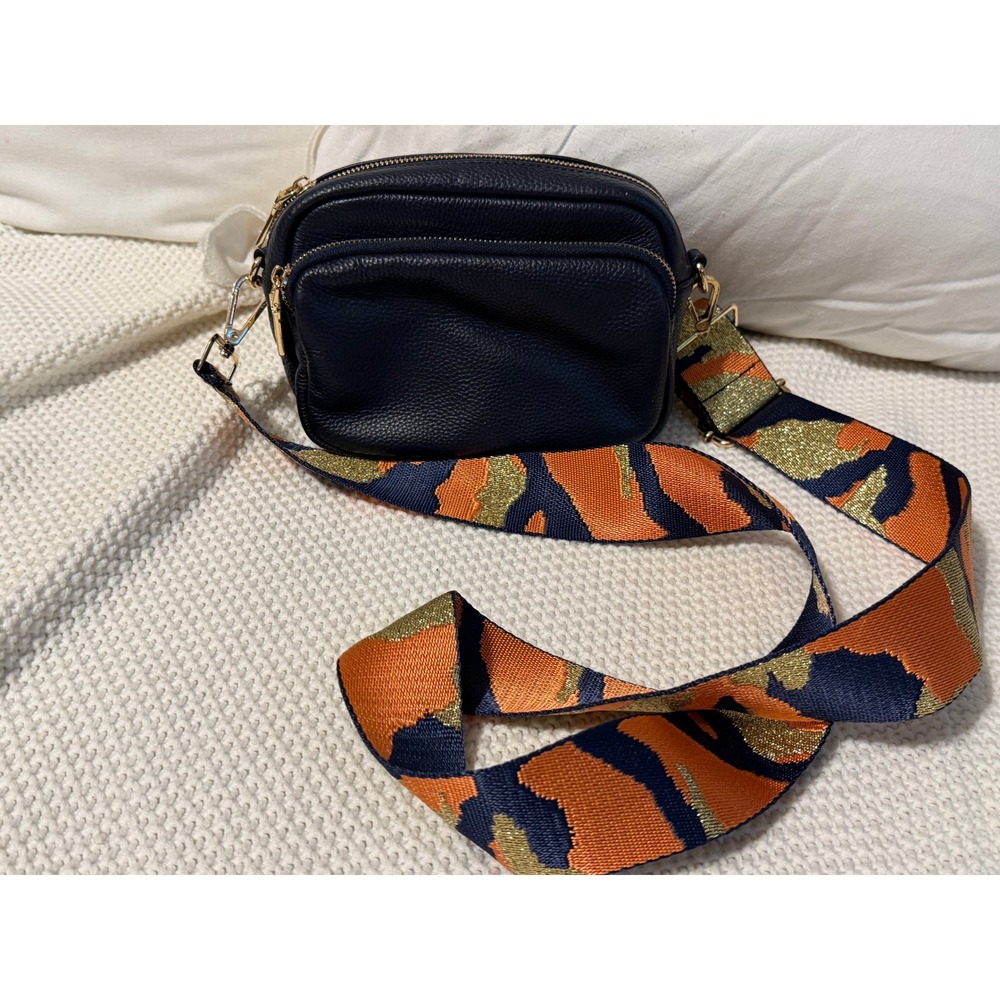 Pom Pom London Mayfair Navy Leather Crossbody Bag Orange Camo Guitar Strap